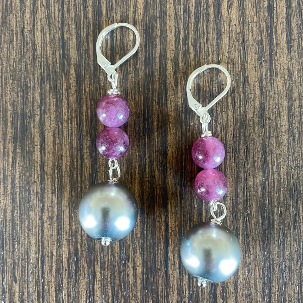 HAND CRAFTED BON BON EARRINGS Purple Lepodite Silver Glass Pearl Ball Drop